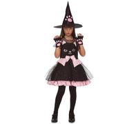 My Other Me Déguisement de sorcière chat pour fille, taille 7-9 ans. Comprend un chapeau avec empreintes roses, une robe noire avec tulle et une bordure à volant rose et des mitaines avec sabots