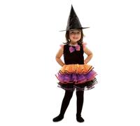 My Other Me Déguisement de sorcière pour fille avec robe et chapeau en orange et violet, taille 5-6 ans. Parfait pour les fêtes d'Halloween avec une touche magique