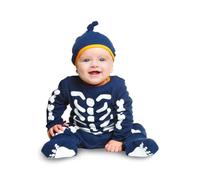 My Other Me Déguisement de squelette pour bébé unisexe, taille 7-12 mois. Comprend une combinaison bleue pleine longueur avec imprimé blanc d'os et un bonnet avec nœud supérieur et ourlet jaune
