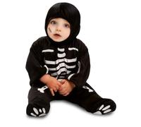 My Other Me Déguisement de squelette pour bébé unisexe, taille 7-12 mois. Comprend une combinaison noire avec os imprimés et un bonnet assorti. Style amusant avec empreintes de pieds et détails blancs