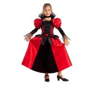 My Other Me Déguisement de vampire pour fille, taille 7-9 ans. Comprend une robe longue rouge et noire avec col montant ajouré et un collier ras du cou noir assorti. Parfait pour une petite reine des