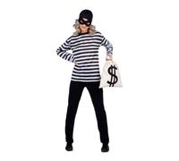 My Other Me Déguisement de voleur pour adulte, unisexe, taille S. Comprend un bonnet et un masque noirs, un t-shirt à rayures noires et blanches, et une chancelière blanche avec symbole dollar. Volez