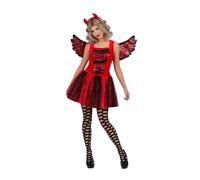 My Other Me Déguisement diable adulte-femme, taille S. Comprend une robe rouge avec jupe en tulle et carreaux, des ailes rouges avec un effet noir brillant et une coiffe avec cornes rouges de diables.