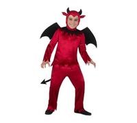 My Other Me Déguisement diable pour enfant, taille 10-12 ans. Comprend un bonnet rouge avec cornes noires, des ailes noires à rayures, une chemise et un pantalon rouge avec queue pointue noire.