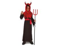 My Other Me Déguisement diable pour enfant, taille 7-9 ans. Comprend une capuche rouge avec cornes et une capeline, une tunique longue noire avec manches longues à manchette irrégulière dentée et une