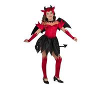 My Other Me Déguisement diablesa pour fille, taille 5-6 ans. Comprend une coiffe avec cornes, des ailes avec bordure rouge, une robe avec jupe et une queue noires, des gants et des chauve-souris
