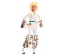 My Other Me Déguisement disco pour femme, taille M-L. Comprend une combinaison blanche avec manches évasées et bas du pantalon à volants argentés et ceinture bleue avec boucle. Style soixante-dix ans.