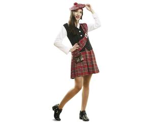 My Other Me Déguisement écossais pour femme, taille M-L. Comprend une robe à motif chemise blanche, un gilet noir, une jupe plissée rouge à carreaux avec manteau et béret assortis, et une pochette