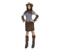 My Other Me Déguisement en jean pour femme, taille M-L. Comprend un chemisier bleu type denim avec franges aux épaules, une jupe marron, un mouchoir rouge, une ceinture, des bracelets et des guêtres