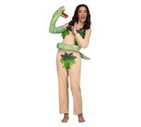 My Other Me Déguisement Eva pour femme, taille M-L. Comprend une combinaison beige avec des feuilles vertes stratégiquement placées et un serpent avec une tête type marionnette qui s'enroule autour du