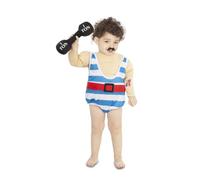 My Other Me Déguisement Forzudo pour bébé, taille 7-12 mois. Comprend un t-shirt musclé avec tatouages imprimés, une salopette à rayures blanches et bleues avec ceinture rouge, et des haltères noires
