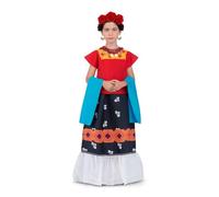 My Other Me Déguisement Frida Kahlo pour fille, taille 5-6 ans, avec coiffe avec roses rouges, châle bleu, t-shirt rouge avec détails et jupe à fleurs. Petite artiste mexicaine.