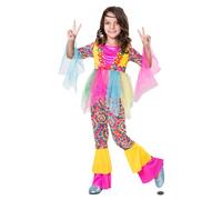 My Other Me Déguisement hippie pour fille, taille 10-12 ans, comprend une chemise à volants en tulle et un pantalon psychédélique à couches jaunes et roses. Idéal pour briller dans un style rétro.