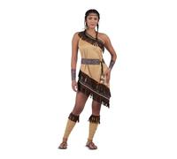 My Other Me Déguisement indien pour femme, taille M. Comprend une robe beige asymétrique avec franges et bas, guêtres assorties, ceinture et manchons avec motifs colorés et plumes pour la tête.