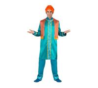 My Other Me Déguisement indien pour homme, taille M. Comprend une tunique turquoise avec col mao décoré de rayures bleues brodées et des liserés dorés, un pantalon bleu avec broderie, une écharpe et