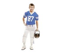 My Other Me Déguisement joueur de rugby pour enfant, taille 5-6 ans. Comprend un t-shirt bleu avec numéro 87, une ceinture et un pantalon blanc avec listes bleues et protecteurs. Idéal pour les petits