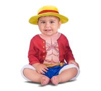 My Other Me Déguisement Luffy pour bébé avec bonnet et singe en beige et rouge, taille 7-12 mois. Transformez votre petit en un aventurier marin courageux.