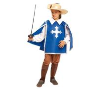 My Other Me Déguisement Mousquetaire pour enfant, 5-6 ans. Comprend un chapeau beige avec plume et bande argentée, une chemise blanche, une casaque bleue avec croix, un pantalon et des guêtres marron.