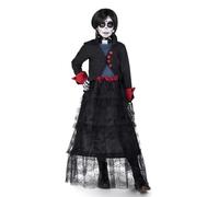 My Other Me Déguisement pour fille Zoe noir et rouge avec robe, veste, gants, squelette, collier ras du cou, perruque, tatouages, éponge et maquillage noir et blanc, taille 7-9 ans.