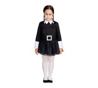 My Other Me Déguisement sinistre pour fille, taille 3-4 ans. Comprend une robe noire avec jupe en tulle, un col blanc en V, des poignets blancs et une ceinture simulée avec boucle carrée blanche.