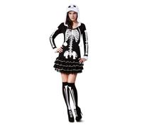 My Other Me Déguisement squelette pour adulte-femme, taille M-L. Comprend une robe noire avec imprimé osseux blanc, une capuche avec tête de mort et des pompons et des chaussettes hautes assorties