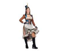 My Other Me Déguisement Steampunk pour adulte taille S. Comprend une robe marron avec bleu et beige, des mitaines noires avec dentelle et une mini blague ; charme victorien avec engrenages dorés.