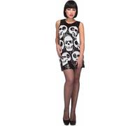 My Other Me Déguisement tête de mort pour femme, taille M-L. Comprend une robe courte, sans manches, noire à paillettes et des crânes blancs imprimés. Elle brille avec un style macabre irrésistible.