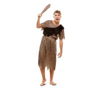 My Other Me Déguisement Troglodyte pour homme, taille M-L. Comprend un bandeau en forme d'os blanc, une robe et une ceinture avec imprimé léopard et volant marron. Réveillez votre côté le plus sauvage