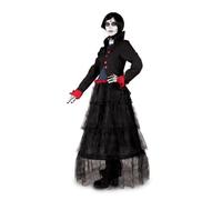 My Other Me Déguisement Zoe noir et rouge pour femme avec robe, veste, gants, squelette, collier ras du cou, perruque, tatouages, éponge et maquillage noir et blanc, taille XS.