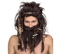 My Other Me Perruque de cavernes pour homme noir avec barbe et os décoratifs, poids 185 g, un complément sauvage pour les fêtes à thème préhistoriques