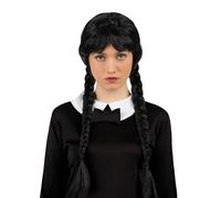 My Other Me Perruque mercredi avec frange et tresses pour femme adulte noire, poids 245 g. Apporte un air mystérieux parfait pour les fêtes à thème et les sessions de caractérisation