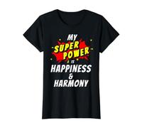 My Superpower is Happiness & Harmony Style Bande dessinée T-Shirt Graphique avec Valeur, Femme, Noir, S