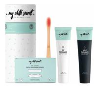 My White Secret Dental Care Gift Set 14 paires de bandes blanchissantes Dentifrice jour et nuit 50ml et 1 brosse à dents en bambou - Comprehensive Dental Care