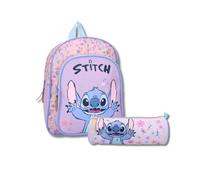 mybagstory - Ensemble Sac à dos avec Trousse Stitch - Trousse 21cm 1 Compartiments - Sac à dos 30 cm - Enfant - Ecole - Maternelle - Garderie - Fille - Idée Cadeau - Disney - (Stitch - Rose/Violet)