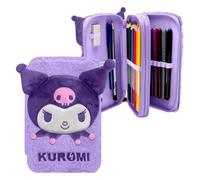 mybagstory | Trousse en Peluche Kuromi Garnie 2 Compartiments | Set Scolaire Complet 28 Accessoires de Coloriage | Design Kawaii Violet Doux pour Filles et Fans Sanrio | Dimensions 12x20x4 cm
