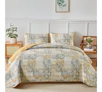 Mybedsoul Yellow Boho Quilt Set Queen Size 3 Pieces Grey and Yellow Plaid Floral Bedding Set Microfiber Lightweight Bohemian Patchwork Bedspread Coverlet Set for All Season 90"x96"
