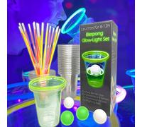 MYBEERPONG® Lot de 4 gobelets à bière Glow-Light avec 20 gobelets en plastique + 20 bâtons lumineux (luminosité 12h) en 5 couleurs (rouge, bleu, rose, jaune, vert)