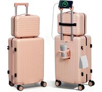 MYBOX Lot de 2 valises avec bagage à main de 50,8 cm et étui de voyage de 30,5 cm, valise rigide en polycarbonate avec roues rotatives, port USB, porte-gobelet, crochet latéral, étanche et résistant