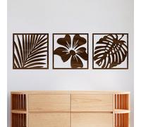 MYBSXKEOZ 3 Pièces Sculpture Murale en Bois Naturel,Décoration Murale Bohème en Bois Suspendue Moderne,Feuilles De Palmier Botaniques Creuses avec Cadre,Art Déco Mural