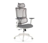 MyBuero Siège de Bureau Ergonomique ERGOMY W Chaise de Bureau avec Appui-lordose réglable, Appui-tête, Structure Blanche, Dossier résille, Tissu Gris