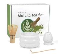Mycketop Lot de 4 fouets à matcha en bambou, cuillère, support en céramique, bol à thé avec bec, kit parfait pour les amateurs de matcha et cérémonie du thé japonais, blanc
