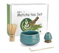Mycketop Lot de 4 fouets à matcha en bambou, cuillère, support en céramique, bol à thé avec bec, kit parfait pour les amateurs de matcha et cérémonie du thé japonais, bleu