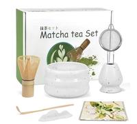 Mycketop Premium Matcha Set 7 pièces avec bol en céramique, fouet en bambou, tamiseur à matcha, cuillère à thé, torchon, 2 supports, ensemble complet pour cadeau de cérémonie du thé japonais, blanc