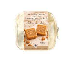 MyCosmetik - Coffret DIY Savon caramel gourmand - Kit Cosmétique Maison - Ingrédients naturels et bio - Trousse en velours avec accessoires + recette inclus. Réalisez 2 savons + 2 recharges