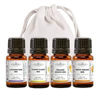 MyCosmetik - Pack anti stress et détente - Lot de 4 huiles essentielles BIO à diffuser - Lavande Fine - Petit Grain - Ylang Ylang - Orange Douce - 4 x 5 ml + Pochon 100% coton