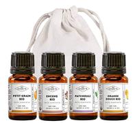 MyCosmetik - Pack diffusion orientale - Lot de 4 huiles essentielles BIO à diffuser - Petit Grain - Encens - Patchouli - Orange Douce - 4 x 5 ml + Pochon 100% coton