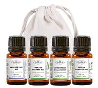 MyCosmetik - Pack été et voyage - Lot de 4 huiles essentielles BIO - Lavande Fine - Menthe Poivrée - Citronnelle de Java - Origan Compact - 4 x 5 ml + Pochon 100% coton