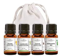 MyCosmetik - Pack pain d'épices & cocooning - Lot de 4 huiles essentielles BIO à diffuser - Orange Douce - Cannelle de Chine sauvage - Clou de Girofle - Bergamote - 4 x 5 ml + Pochon 100% coton