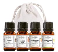 MyCosmetik - Pack Romance - synergie fleurie et fruitée - Lot de 4 huiles essentielles BIO à diffuser - Encens - Bois de Rose - Mandarine Rouge - Ylang Ylang - 4 x 5 ml + Pochon 100% coton