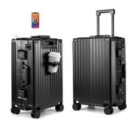 MYER Hard Case 24 inch Checked Luggage with Spinner Wheels,Aluminum Luggage with 100% 3-Layer PC,Hard Shell Suitcases with Wheels,Cup Holder and USB Port (Classic Black, 24 inch)